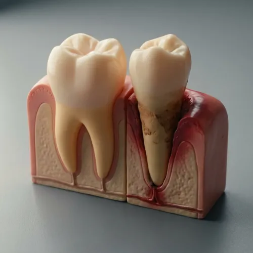 Model of two teeth in a jaw segment.