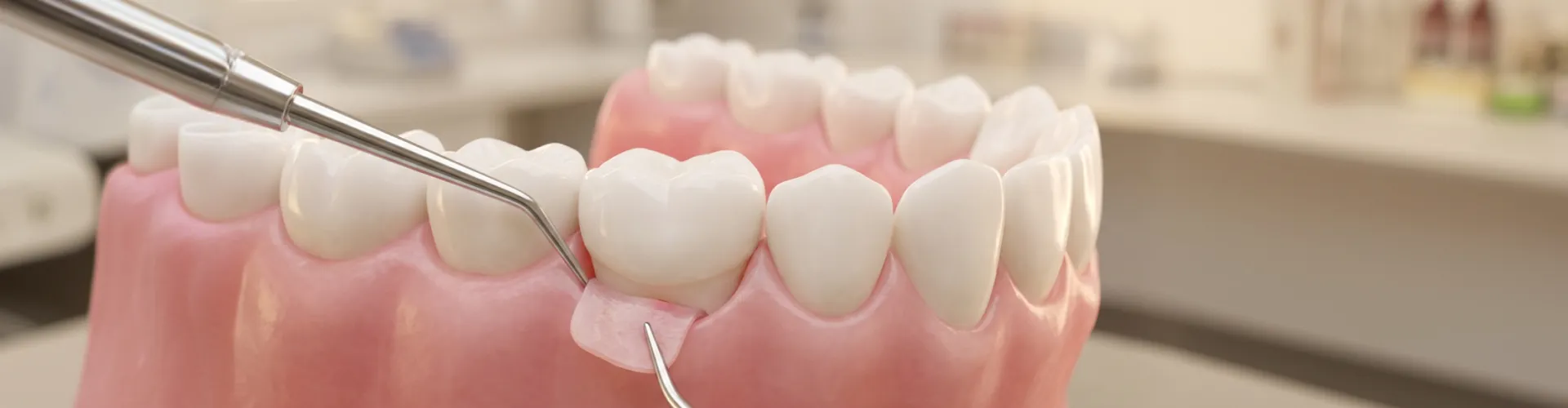 Dental model showing a gum graft procedure with a dental instrument lifting the gum tissue near the front teeth.