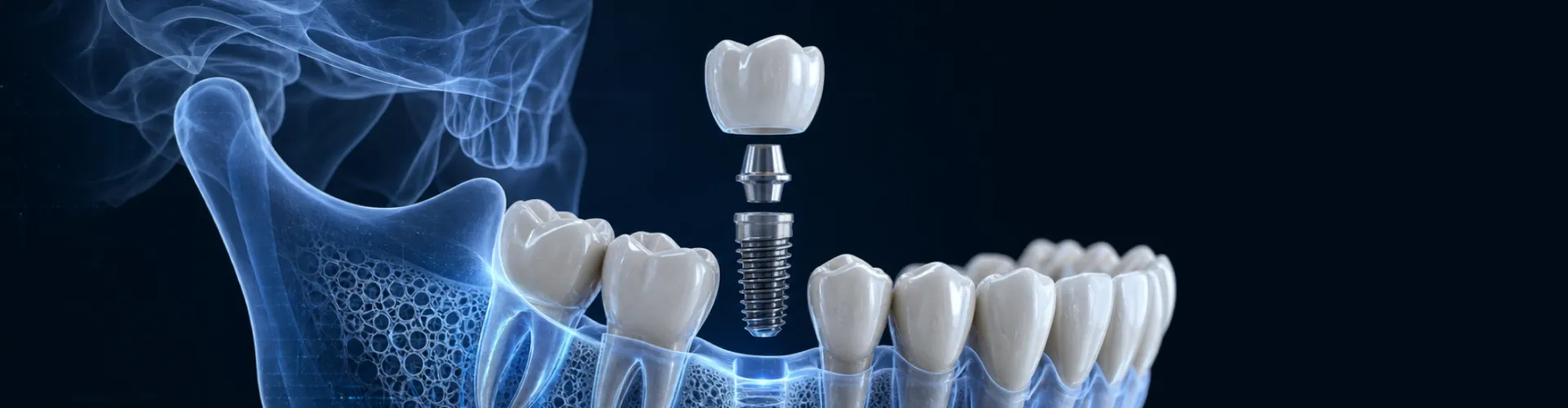 Rendering of a dental implant hovering above a transparent mandible.