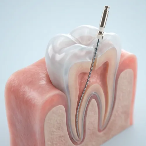 3D illustration of a root canal procedure showing an endodontic file inserted into the tooth’s root canal.