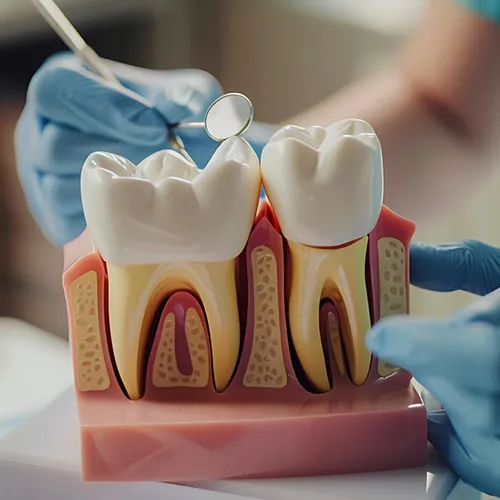 Model of two teeth and a gum.