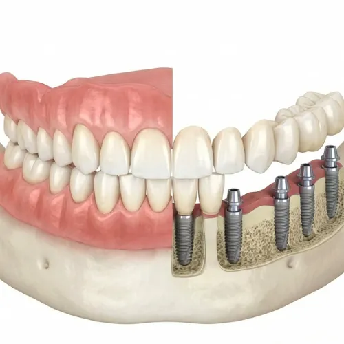 Rendering of a side-by-side comparison of a mouth with no gums on one side revealing implants.