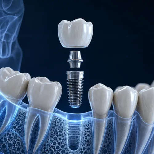 Rendering of a dental implant hovering above a transparent mandible.