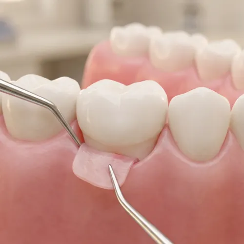 Dental model showing a gum graft procedure with a dental instrument lifting the gum tissue near the front teeth.