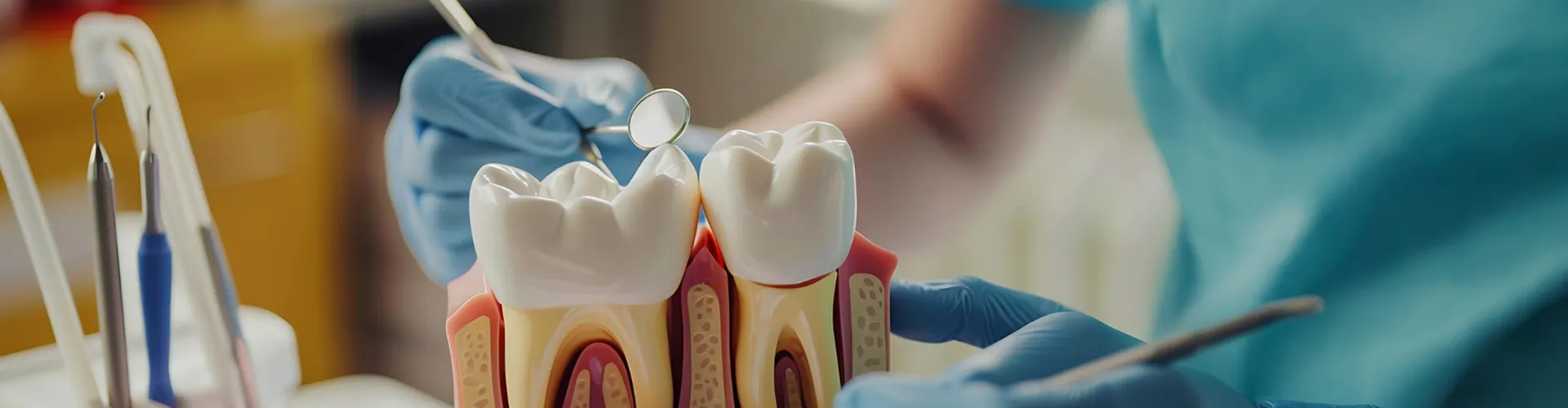 Model of two teeth and a gum.
